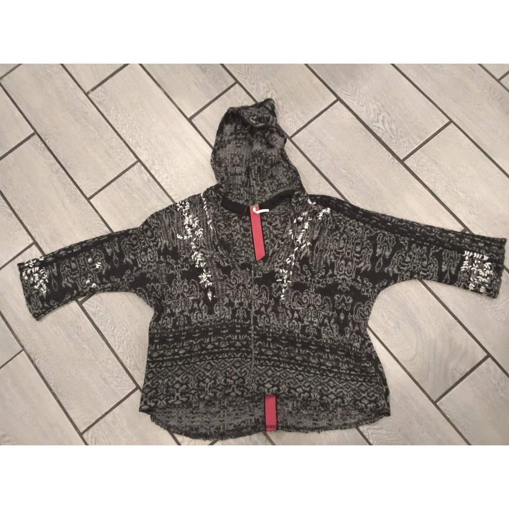 Free People Hooded Intarsia Knit Sweater Grey Black Wool Alpaca Blend Boho S